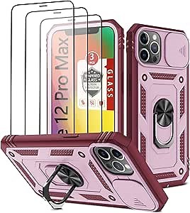 for iPhone 12 Pro Max Case with 3 Pcs Tempered Glass Screen Protector Built in Ring Stand Kickstand + Camera Cover, Hard PC Soft TPU Defender Full Body Protective Armor Case Cover 6.7" - Wine