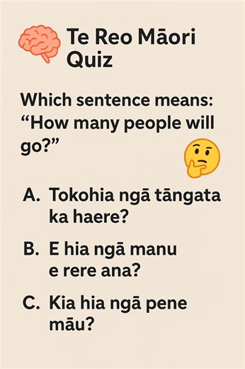 🧠 Te Reo Māori Quiz Today's challenge 👇 Which sentence means: “How many people will go?” A) Tokohia ngā tāngata ka haere? B) E hia ngā manu e rere ana? C) Kia hia ngā pene māu? Drop your answer in the comments ⬇️ A,B,or C🤔 Ka rawe Whānau 🙌 #TeReoMāori #ReoChallenge #MāoriLanguage #WhānauQuiz #AkoReo | Rangi's Reo