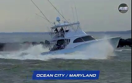 The 60' Ritchie Howell " Blue Runner" rips throught Ocean City Maryland at sunset during the White Marlin Open #whitemarlinopen #ritchiehowell #sportfisher #oceancity | Zip Zap Power