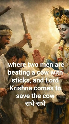 where two men are beating a cow with sticks, and Lord Krishna comes to save the cow#cow #cowshorts