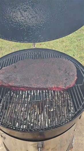 Lid Lift on Checkerboard Injected Brisket – Look at That Bark!