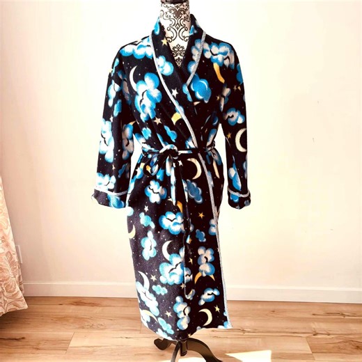 Vintage Blue Fleece Bathrobe With Cloud and Moon Pattern, Large Size, Soft, Warm Winter Dressing Gown, Unisex, Comfortable, Retro - Etsy