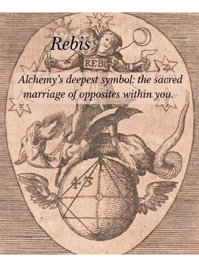 Rebis 🜁🜔✨ Alchemy’s deepest symbol: the sacred marriage of opposites within you. The masculine (Sun, consciousness, active) unites with the feminine (Moon, unconscious, receptive)… And from this union is born Rebis: one body holding both male and female, light and shadow, matter and spirit — the complete human. Jung says: This is actually your story. The culmination of the individuation journey. The dance of anima and animus inside you, the embrace of the shadow, the resolution of the mind–hea