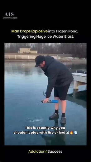 𝐀𝐃𝐃𝐈𝐂𝐓𝐈𝐎𝐍𝟒𝐒𝐔𝐂𝐂𝐄𝐒 on Instagram: "In this wild video, a man decides to test his luck on a frozen pond by dropping an explosive through a small hole in the ice. 🧊💣 What starts as a few bubbles quickly turns into a massive, terrifying eruption that sends chunks of ice and a huge geyser of water flying into the air! 🌊💥 The sheer force of the blast ripples through the entire surface, leaving the guy scrambling back in total shock and laughter at how close he came to a disaster. 🏃‍