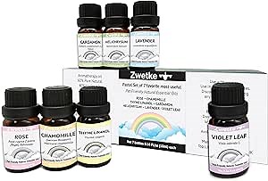 Premium Pet-Friendly Essential Oils Gift Set – 7 Natural Aromatherapy : Rose Chamomille Thyme Linanol Cardamon Helichrysum Lavender Violet Leaf – Safe for Dogs, Cats & Family – Relaxation & Diffuser