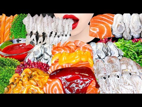 ASMR RAW SEAFOOD *BABY SQUID, SALMON, OYSTER, SEA GRAPES 꼴뚜기, 굴, 연어, 멍게, 바다포도 해산물 회먹방 EATING MUKBANG