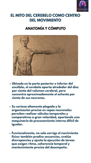 #Neurociencias: Anatomía y cómputo del cerebelo 🔬 Aunque ocupa poco volumen del encéfalo, el cerebelo concentra una enorme capacidad de cómputo neuronal. 🔹 Situado en la región posterior e inferior, aporta cerca del 10 % del volumen cerebral pero reúne la mayoría de sus neuronas. 🔹 Su corteza altamente plegada y organizada en capas permite cálculos temporales y comparativos a gran velocidad. 🔹 Funcionalmente predice secuencias, evalúa discrepancias y ajusta tareas que requieren ritmo, precis