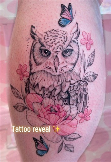 Part 2 - tattoo reveal gorgeous sweet owl piece from today , chosen from my flash designs 🦉🌸 Soft pink florals and delicate details to bring her to life I had the best time tattooing this one animals and flowers will forever be a favourite ✨ #finelinetattoo #owltattoo #femininetattoo #floraltattoo #pinktattoos