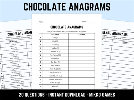 Printable Chocolate Anagrams Quiz With Answers: Fun Word Puzzles, Word Scramble Game, Downloadable Table Quiz, Pub Quiz Sheets - Etsy