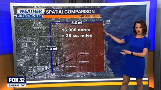 16K views · 218 reactions | The Palisades Fire in California dwarfs the Great Chicago Fire in size. Let's talk about just how large the LA County fire is as of Wednesday evening... . . . #palisades #chicago #chicagohistory #wildfires #chicagofire | Meteorologist Emily Wahls | Facebook