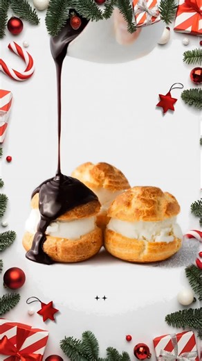 🎄✨ Our unique profiteroles are calling – delicious cream puffs filled with creamy vanilla ice cream and drizzled with rich hot chocolate sauce! 🎁 Not all gifts are under the tree; some can be on the table! 🎅🍫 Order now on Deliveroo and make your holiday extra special! 🛵 #MerryChristmas #ProfiterolesLove #ChristmasDessert #DeliverooDelights | Gallus Chicken Rotisserie