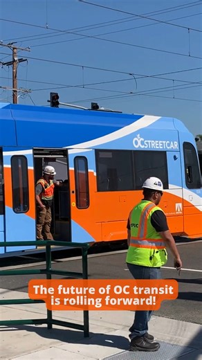 Check out this video of the first OC Streetcar vehicle being pulled along the tracks in the Pacific Electric Right-of-Way during yesterday’s testing activities! This slow-speed testing ensures the system is ready before the streetcar begins testing under power from the overhead wire system. The OC Streetcar is on its way to serve you! | OC Streetcar