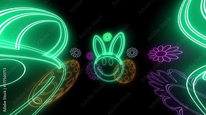 orange white black simple groovy neon lines lights drawing happy easter eggs rabbit flowers icons decoration animation retro style vintage black background 60s 70s hipster concept rotation Stock Video
