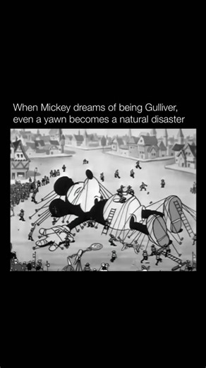 Explaining Cartoons on Instagram: "Gulliver Mickey (1934) is a black-and-white Mickey Mouse short inspired by Gulliver’s Travels. The cartoon opens with Mickey reading the classic novel before falling asleep, and his dream plunges him straight into a miniature world. When he wakes inside the fantasy, he’s a giant “Gulliver” figure, tied down by tiny villagers who mistake him for a dangerous monster. As usual, Mickey’s good nature quickly wins them over once he proves he means no harm. The short 