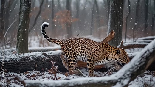 Deforestation. Environment conservation. Ecosystem. A leopard in a snowcovered forest setting. The leopard is captured in a side profile, with its head turned slightly towards the camera.