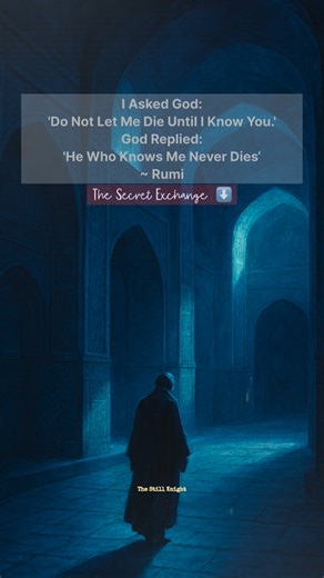 The Stoic Lantern on Instagram: "The Secret Exchange: How to Become Immortal (According to Rumi) “I asked God: ’Do not let me die until I know You.’ God replied: ’He who knows Me never dies.’” - Rumi This quote is a stunning piece of mystical mathematics. Rumi reveals that the quest for God (Ma’rifah) is not merely a practice, but a transformation of one’s very existence, leading to spiritual immortality. ❓ The Quest (The Fear): The seeker’s initial prayer, “Do not let me die until I know You,”