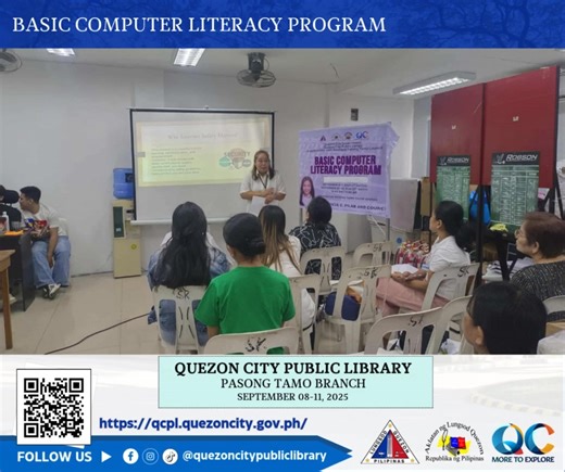 💻 Basic Computer Literacy Program Noong Setyembre 8–11, 2025, matagumpay na naisagawa ng Quezon City Public Library (QCPL) - Pasong Tamo Branch, katuwang ang Barangay Pasong Tamo Council sa pamumuno ni Hon. Stephanie Tricia C. Pilar, ang Basic Computer Literacy Program para sa mga residente. Tinuruan ang mga kalahok ng tamang paggamit ng computer, paggawa ng dokumento sa MS Word, ligtas na paggamit ng social media, at pagpapakilala sa HP Online Courses. Maraming salamat sa Barangay Pasong Tamo 
