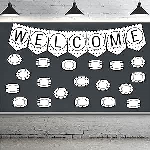 107Pcs Black and White Welcome Bulletin Board Classroom Decors with Cute Cutouts, Black and White Printed Dots Theme Welcome Classroom Poster Decorations Accents for School Chalkboards, Wall Decor
