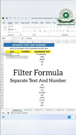 Separate Text and Numbers easily in Excel using the FILTER formula! #ExcelTips #FilterFormula