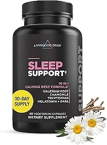 Livingood Daily Sleep Support Supplement, 10-in-1 Natural Sleep Aid with 5 MG Melatonin, Valerian Root, Chamomile, Tryptophan & GABA for Men & Women, Non Habit Forming, Gluten Free, Vegan, 60 Capsules