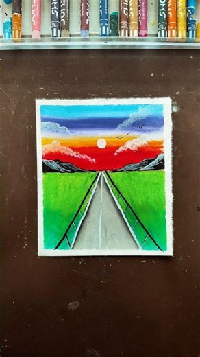 Realistic road Painting - Oil Pastel Art Tutorial//Step by step//Beautiful road painting #viral