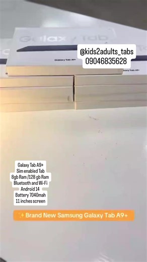 ₦270k🔥Samsung Galaxy Tab A9 Now Available!🔥 Perfect for learning, work & entertainment 💻🎮 💥 Promo Price: ₦270,000 ❌ After Promo: ₦450,000 ✨ Specifications: ✅ SIM Enabled Tablet ✅ 8GB RAM / 128gb ROM Storage ✅ Android 14 ✅ Bluetooth & Wi-Fi ✅ 7040mAh Long-Lasting Battery ✅ Big 11-Inch Display 📍 Immediate Pickup: 21 Awolowo Way, Ikeja, Lagos 🚚 Delivery Available: Send your address & phone number to order 📩 DM us now @kids2adults_tabs
