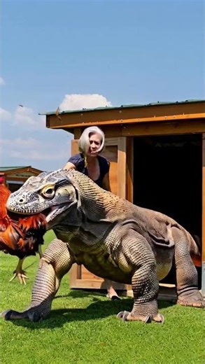 A Komodo dragon suddenly attacks a rooster
