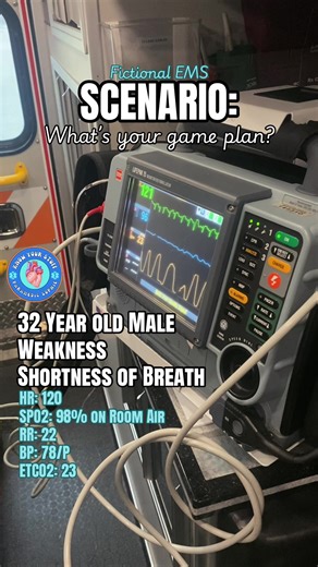EMS Scenario: Weak. Short of breath. Pressure tanking. Pt is a welder and has no medical Hx. HR 120’s (12 lead AFIB with RVR) SpO₂ 98% on room air RR 22 BP 78/P ETCO₂ 23 Something isn’t adding up… What’s your game plan? What information do you need? 👀 Drop your differential and first intervention below. #ems #emt #paramedic #emslife #criticalcare