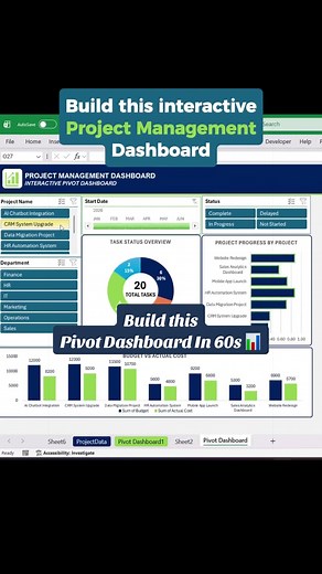 Turn ONE Excel dataset into a fully interactive Project Management Dashboard 📊 Built using: Pivot Tables, Pivot Charts, Slicers, Timeline Filters #excel #exceltips #pivottable #exceldashboard #projectmanagement