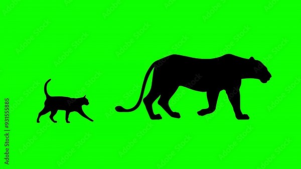 Silhouettes of lion and cat walking together, animation on the green background (seamless loop)