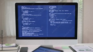Smart AI cyber bot autocode deep tech tools help write prompt auto code text screen. Group IT team people Autocoding typing work on predict big data center office reskill upskill STEM expert skill job Stock Video