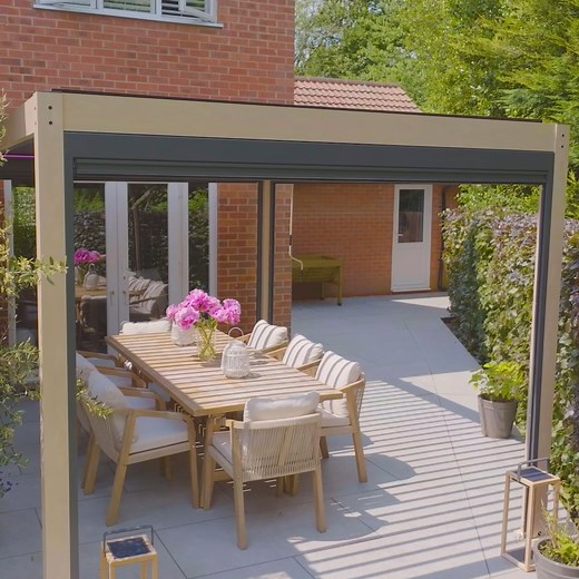 PergoSTET 3m x 3m Square Pergola with 3 Drop Sides and LED Lighting with Wood Effect