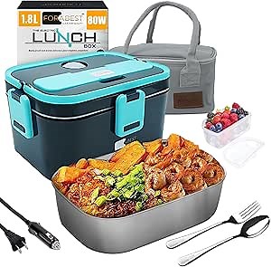 FORABEST Heated Lunch Box, 80W Electric Lunch Box for Adults, Portable Food Warmer with XL 1.8L Stainless Steel Container, Utensils, Carry Bag & Leakproof Lid, 12V/24V Car/Truck & 110/120V Home/Office