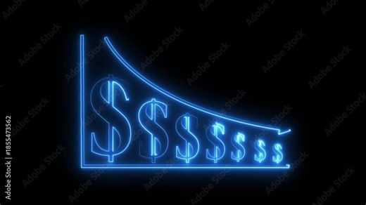 Stock market crash signified by an neon arrow pointing down breaking through a dollar symbol on a neon graph for finance or investment analysis.