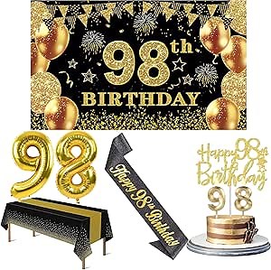 98th Birthday Decorations Men Women with 98th Birthday Banner, Black and Gold Table Cloth, Number Balloons, Large Sash, Cake Topper and Candles