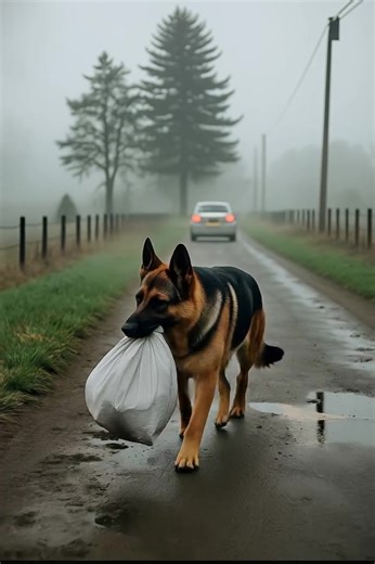 A woman noticed a German Shepherd walking down the street, carrying a...