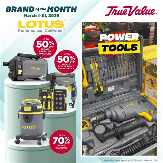 ✨ 𝗣𝗼𝘄𝗲𝗿 𝘁𝗵𝗿𝗼𝘂𝗴𝗵 𝘆𝗼𝘂𝗿 𝗰𝗵𝗼𝗿𝗲𝘀! Clean and repair your home with Lotus vacuums and tools—𝘂𝗽 𝘁𝗼 𝟳𝟬% 𝗢𝗙𝗙. Smart solutions for every home project, now at unbeatable prices. 📅 Available from March 1–31. 📞 𝘕𝘦𝘦𝘥 𝘢𝘴𝘴𝘪𝘴𝘵𝘢𝘯𝘤𝘦? 𝘗𝘭𝘦𝘢𝘴𝘦 𝘤𝘰𝘯𝘵𝘢𝘤𝘵 𝘵𝘩𝘦𝘴𝘦 𝘯𝘶𝘮𝘣𝘦𝘳𝘴 𝘧𝘰𝘳 𝘪𝘯𝘲𝘶𝘪𝘳𝘪𝘦𝘴 𝘢𝘯𝘥 𝘳𝘦𝘴𝘦𝘳𝘷𝘢𝘵𝘪𝘰𝘯𝘴: https://bit.ly/4aMFdcv | True Value Hardware Philippines