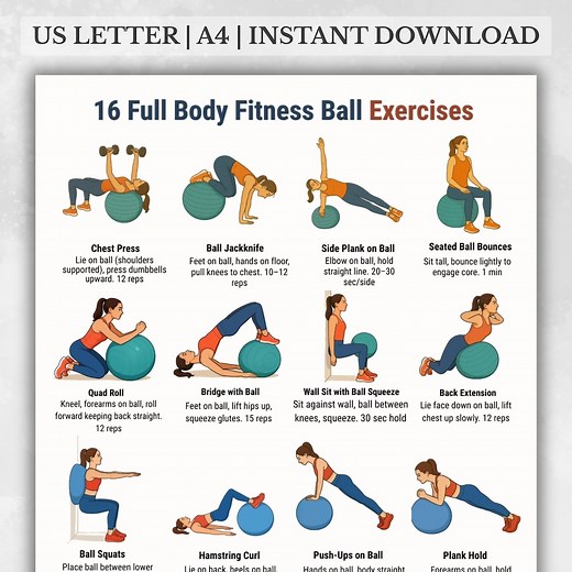 16 Full Body Fitness Ball Exercises Workout Poster, Stability Ball Exercise Chart, Printable PDF A4 US Letter, Instant Download - Etsy