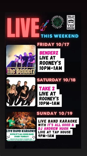 Catherine Rooney's on Instagram: "🎶 LIVE MUSIC 📍 Catherine Rooney’s & Trolley Tap House ✨ FRIDAY THE BENDERZ - 10PM-1AM @thebenderzband ✨ SATURDAY TAKE 2 - 10PM-1AM @take2bandny ✨ SUNDAY (Trolley Tap House) LIVE BAND KARAOKE with It’s ALL Good & DJ Andrew Hugh - 9PM-1AM @itsallgoodband @djandrewhugh"
