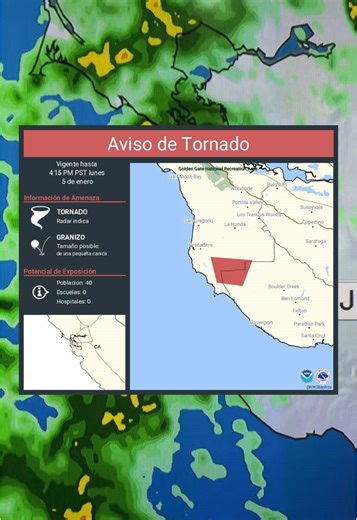 Se activa alerta por #tornado en porciones de la costa de los condados San Mateo y Santa Cruz. #flood #storm #bayarea @Telemundo Área de la Bahía