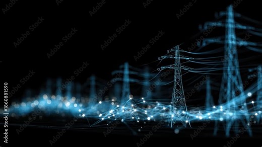 Power Grid Network: A detailed view of power lines and their interconnected network, a representation of modern infrastructure. An artistic depiction of energy transmission.