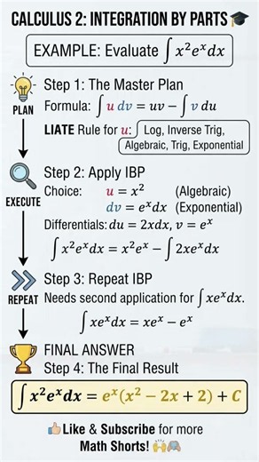 Calculus 2: Integration by Parts Made Easy 📚​Evaluating \int x^2 e^x dx Ustep-by-Step #shorts #maths