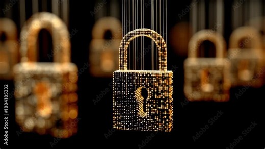 Golden padlocks suspended against a dark backdrop symbolize cybersecurity and data protection. the luminous particles forming each lock highlight the concept of modern digital security and encryption,