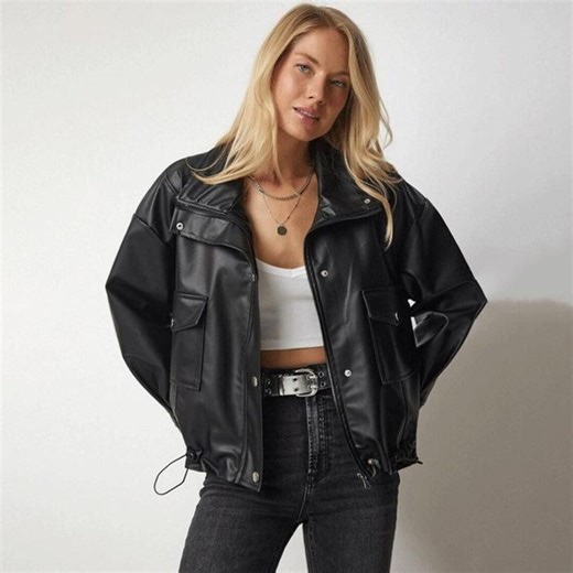 Genuine Leather Bomber Jacket: Women's Black Oversize Vintage Style - Etsy