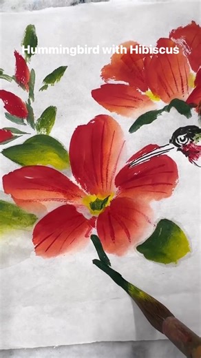 Hummingbird with Hibiscus #eileenfongart #paintinghummingbird #paintinghibiscus