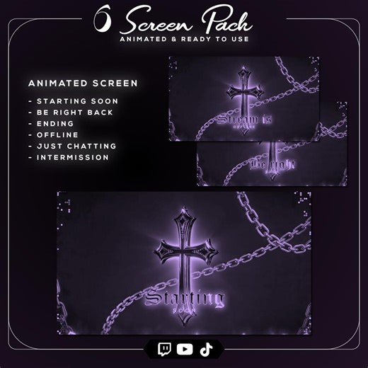 8 Animated Stream Screens | Purple Gothic Cross | Full HD 16:9 Seamless Loop | Twitch OBS Streamlabs | Dark Metal Aesthetic Scenes