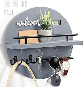Key Holder for Wall, Key and Mail Holder Organizer with - Key Holder Wall Mount - Round Wooden Rustic Home Decor for Entryway, Mudroom, Hallway, Kitchen Office (Gray)