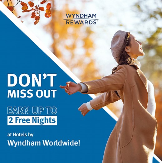 🌟 Don't Miss Free Nights Worldwide with Wyndham Rewards! 🌟 Have you booked your next getaway yet? Earn up to 15,000 Wyndham Rewards points—enough for 2 FREE NIGHTS at qualifying hotels worldwide when you stay with Wyndham Hotels & Resorts! 🏨✨ 🔑 Stay 2 consecutive nights and earn 7,500 points 🔑 Stay any 2 single nights and earn 7,500 points 🏆 Stay 4 nights total and unlock 15,000 points! Here’s how to keep earning: 1️⃣ Log in to your Wyndham Rewards account and register. 2️⃣ Book your stay