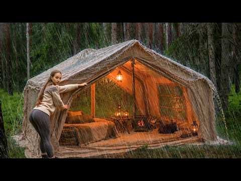 ⛈️ 35 Hours Solo Camping in a Huge Tent During a Thunderstorm | Wood Stove, Fishing & ASMR 🌧️
