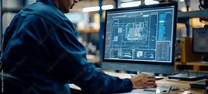 A worker on monitor computer for microchip manufacture control. Industry factory. Generative video AI technology.